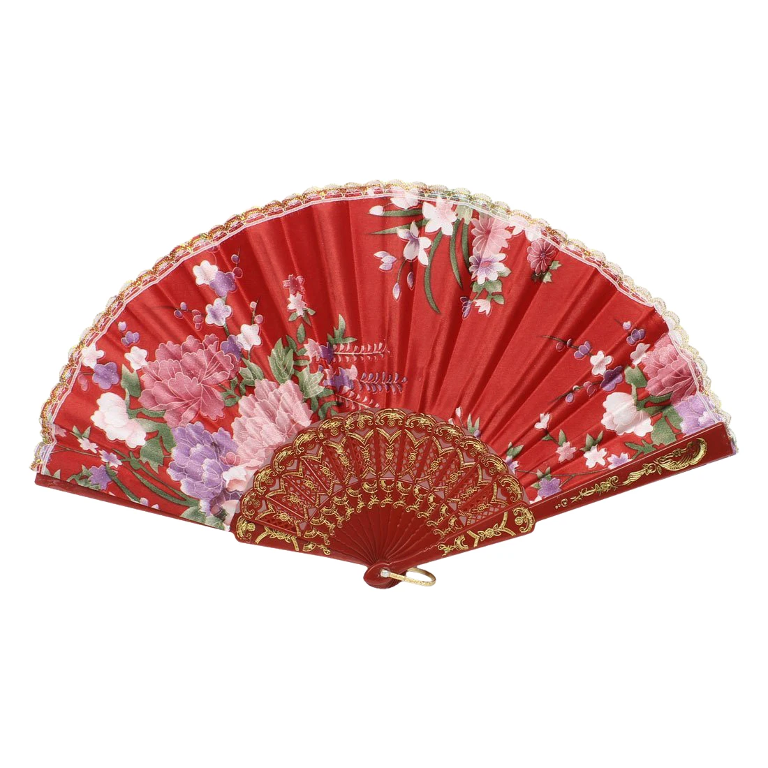 

Hot Sale Chinese Style Flower Pattern Plastic Frame Folding Hand Fan Red
