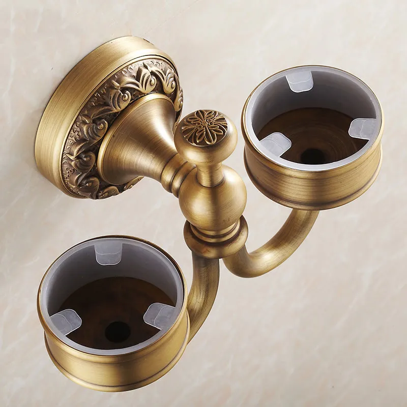 Vidric Wall Mounted Toothbrush Holders Brass Antique Tumbler Toothpaste Holder With Double Ceramics Cups Bathroom Accessories