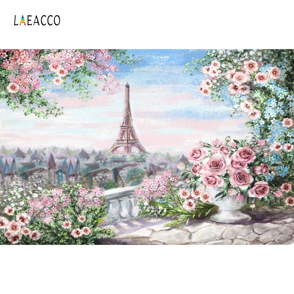 Фотофоны Laeacco с изображением Эйфелевой башни Парижа цветы балкон живопись