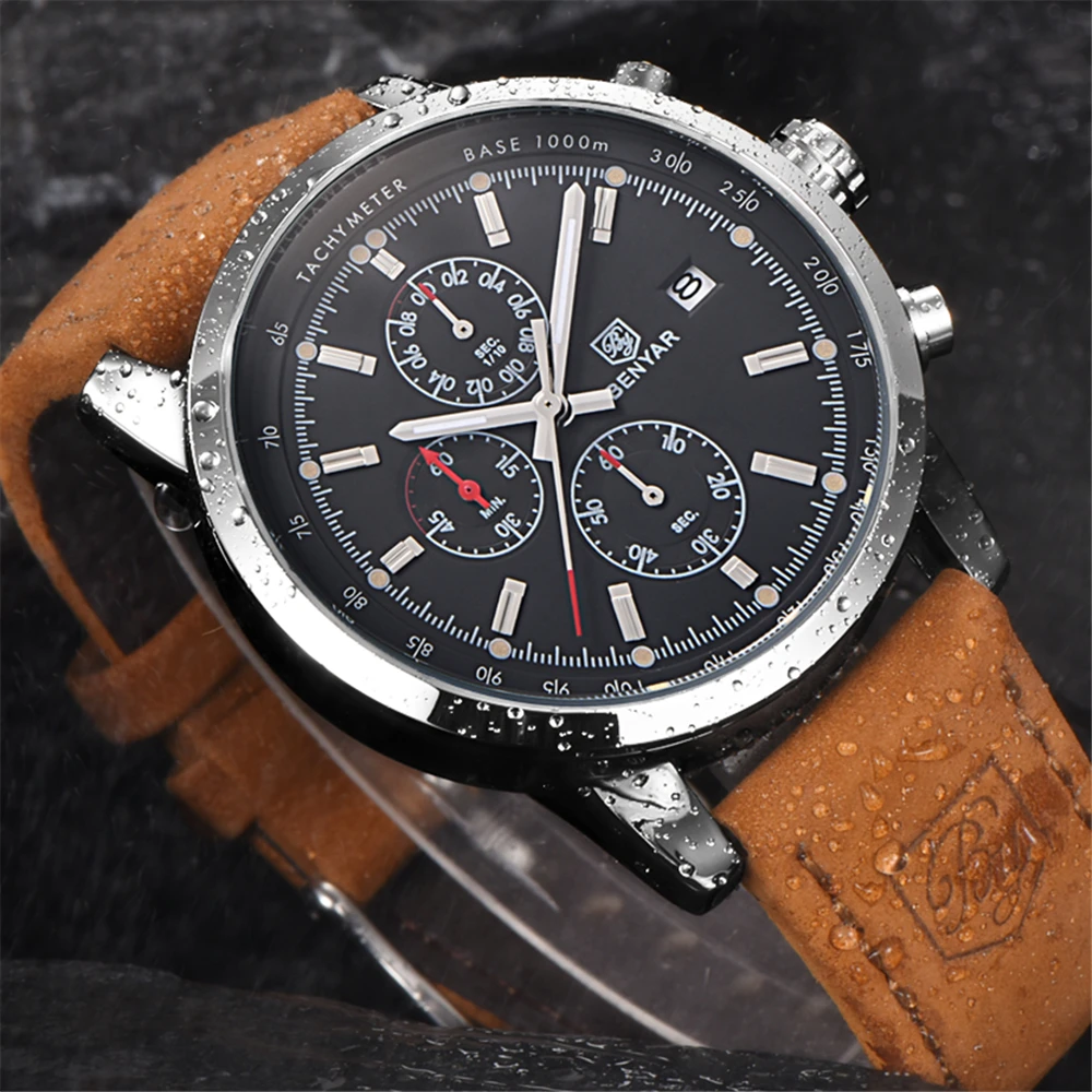 

Mens Watch Benyar Luxury Brand Quartz Watch Sport leather waterproof Watch chronograph military Men's Watch reloj hombre