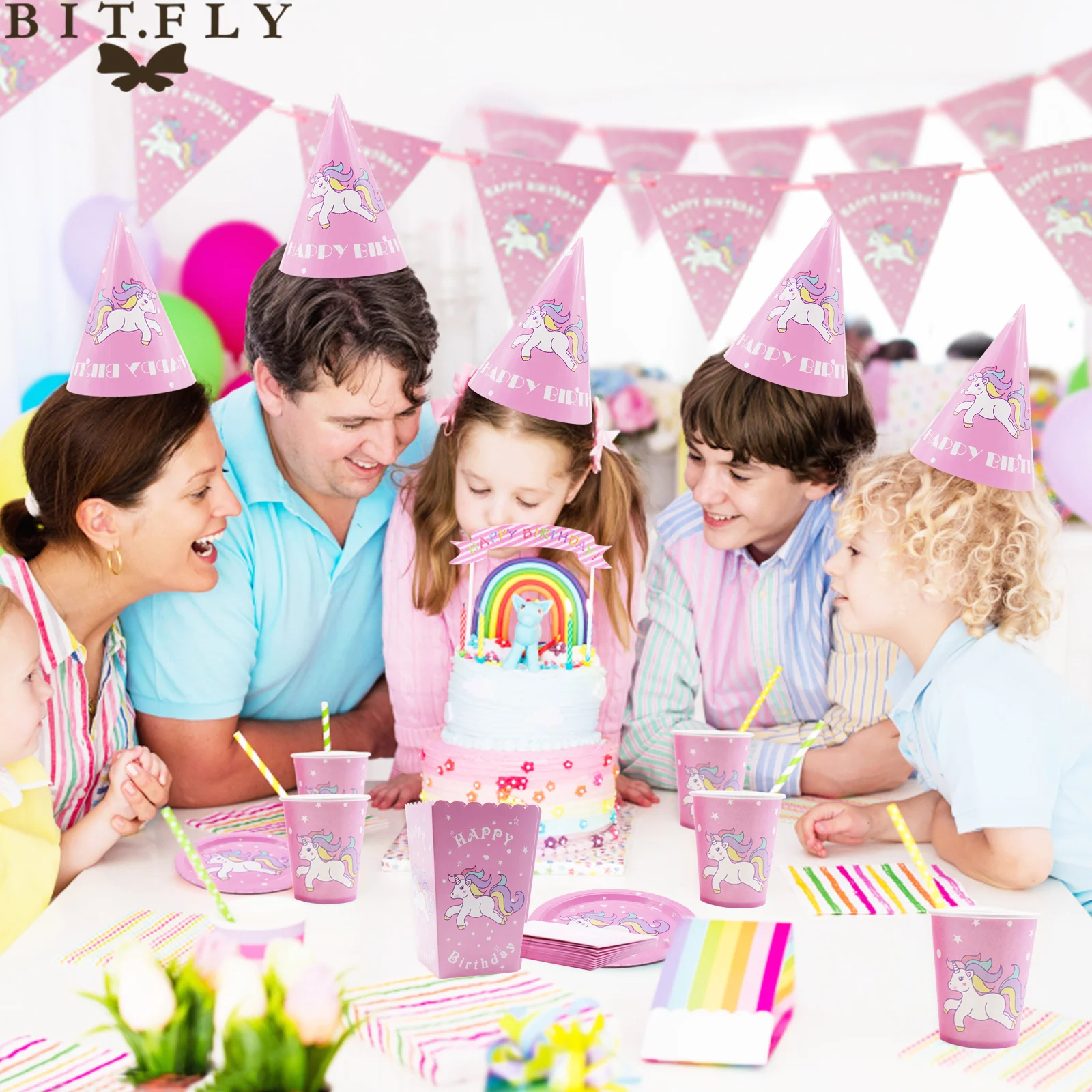 Bit Fly Ensemble De Vaisselle Jetable Joyeux Anniversaire Licorne Pour Fete D Anniversaire D Enfants Decoration De Bricolage Tasse Licorne En Papier Bannieres Pour Fete D Anniversaire A La Maison Aliexpress