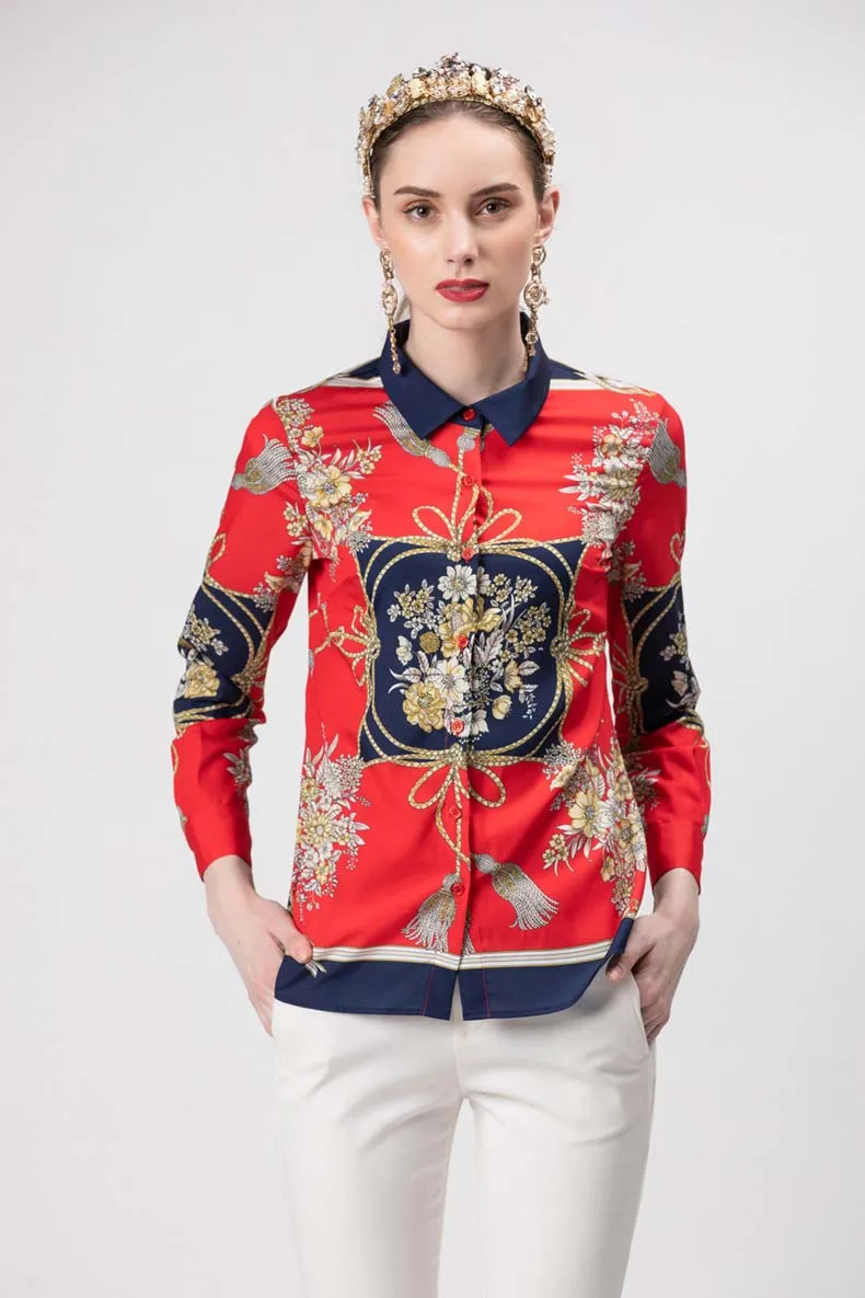 Красный Новое поступление женские отложной воротник с длинными рукавами принтом High Street Повседневные рубашки топы - Цвет: Красный