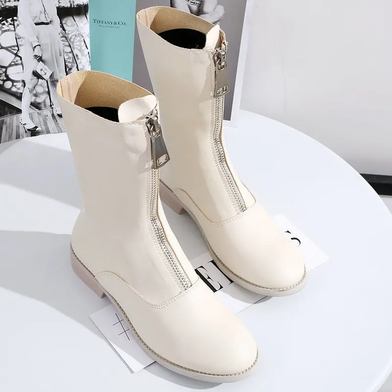 

Luxury Women Boots Genuine Leather Mid-Calf Shoes Platform Thick Heels Round Toe Boots Female Fashion Zipper Mesh Ladies Shoe DE