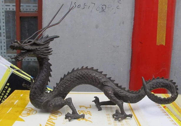 

006412 25"huge Chinese pure Bronze hand-carved Long beard Dragon Scale Armor Statue