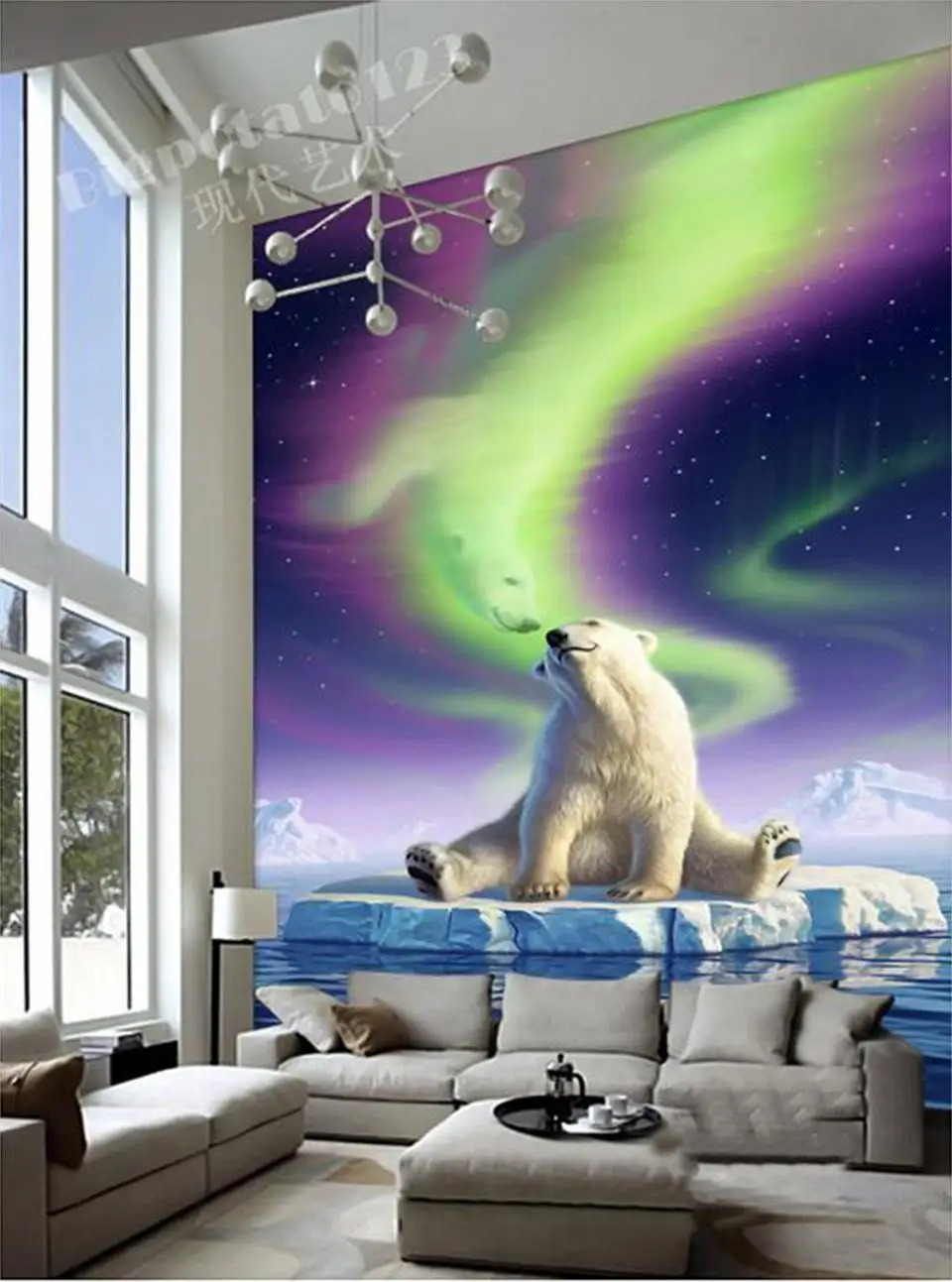 3d фотообои на заказ для комнаты входа полярный медведь Аврора Borealis картина ТВ фон