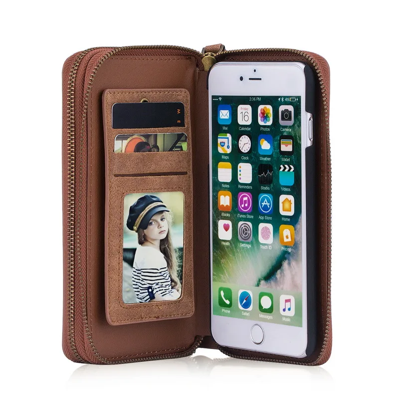 

For iPhone 7 Case Zip Wallet Multifunction Cover for iPhone 7 Plus Case Detachable Leather Phone Cases With CardSlot Photo Frame