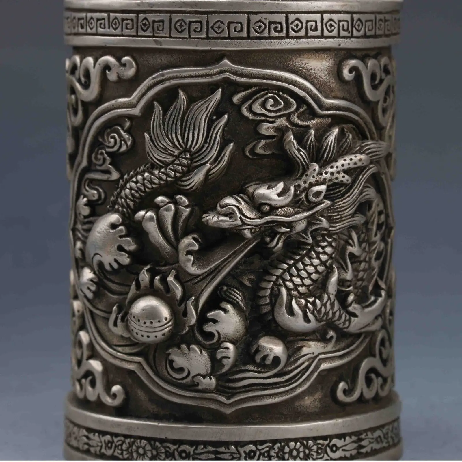 

CHINESE TIBETEN SILVER HANDWORK CARVED DRAGON BRUSH POT