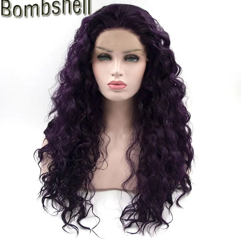 Bombshell цвет красного вина Blakc природа Мечта локон синтетический парик на кружеве Gluelesss термостойкие волокна с детские волосы для женщин - Цвет: Фиолетовый
