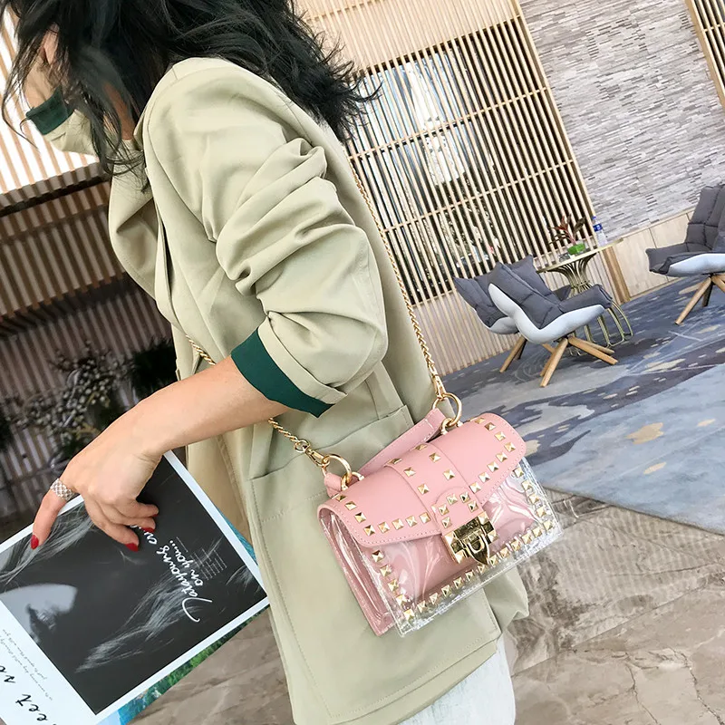 2019 تصميم العلامة التجارية النساء شفافة الصيف حقيبة شاطئية واضح PVC هلام اليد الصغيرة حقيبة ساع الإناث Crossbody حقائب كتف