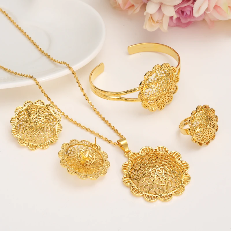 

Bangrui Ethiopian Big Pendant & Big Earrings Flower Jewelry sets Gold Color African Wedding Women Habesha Gift