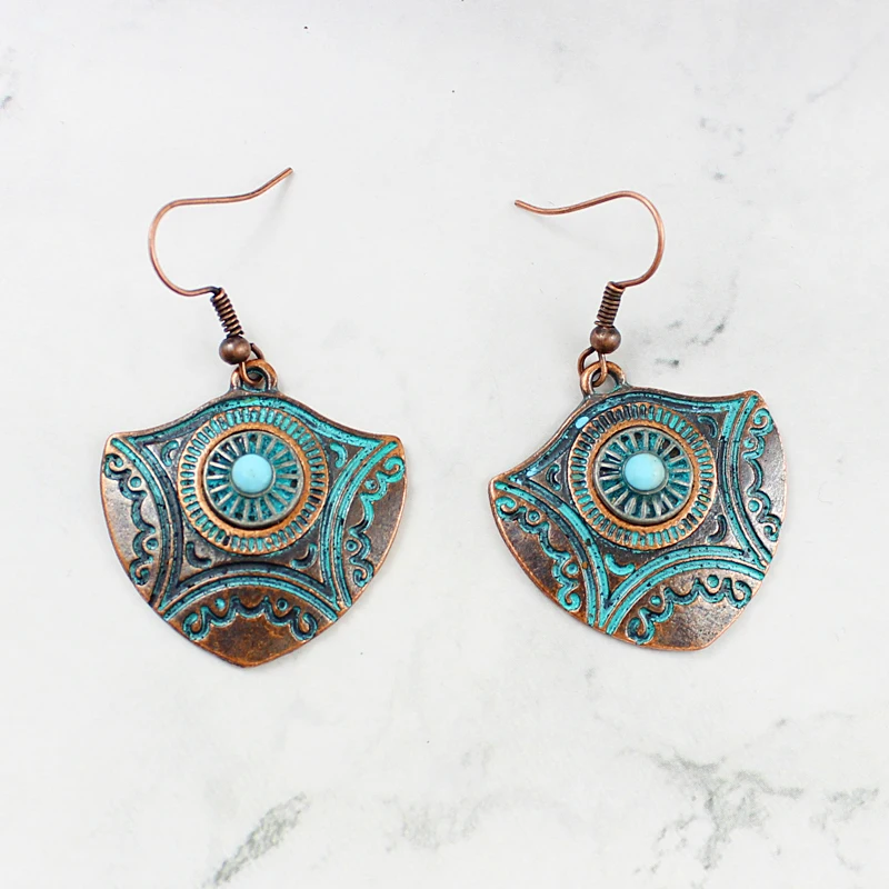 

Bronze Blue Pattern Totem Shield Shape Earrings Bottom Sun Pattern Lace Setting Blue Natural Stone Pendant Earrings
