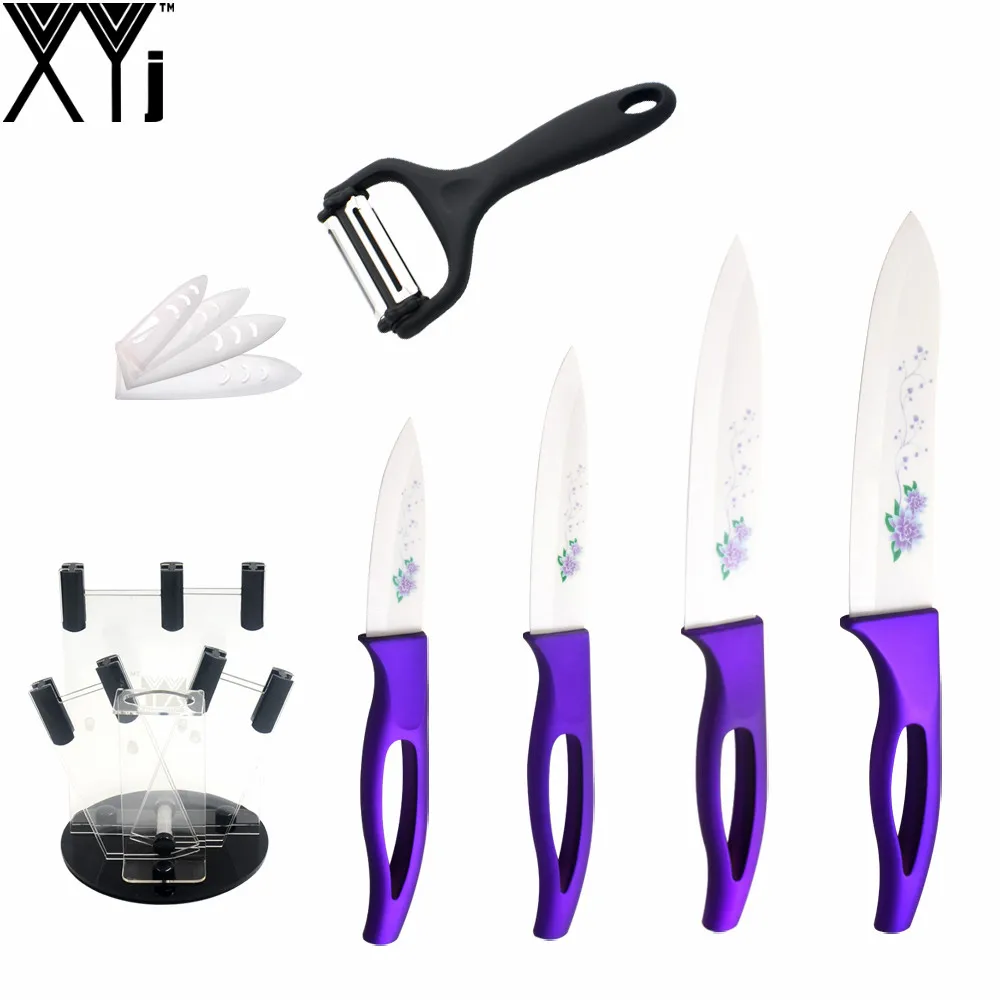XYJ Brand Ceramic Knife Set 3" 4" 5" 6" Non Slip Purple Handle Kitchen