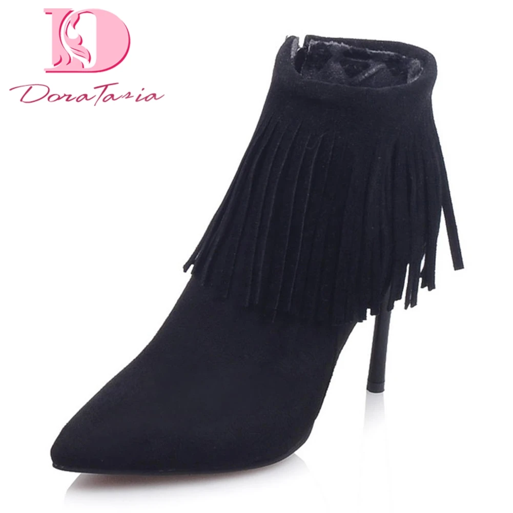 

Doratasia 2018 Shoes Woman Large Size 33-43 Dropship Fringe Zip Up Sexy High Heels Ankle Boots Woman Party Wedding Boots