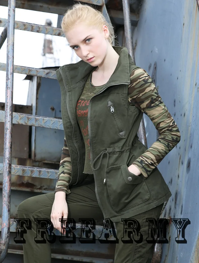 Autumn Women Denim Vest Coat Army Green 