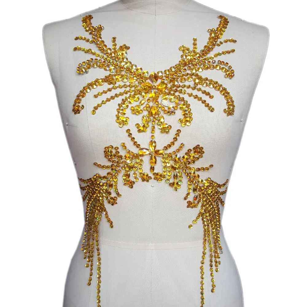 

Sumptuous Exquisite Rhinestones sequins Sew on For Dress Delicate Glitter Wedding Applique Chest decoration 28x52cm (yellow)
