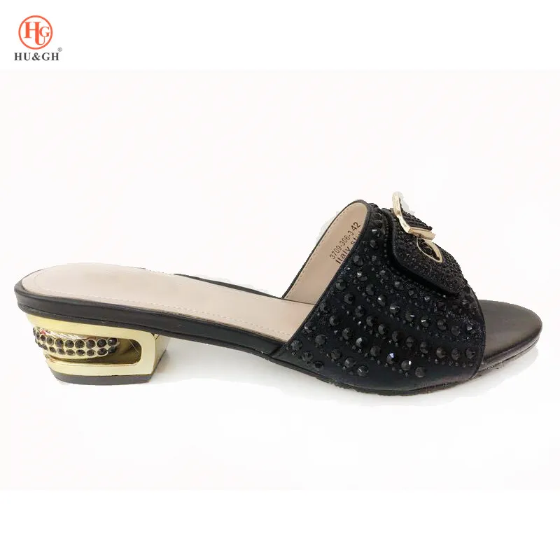 

Latest Black Color Italian Ladies Sexy Low Heels Pumps Rhinestones Large Size 37 To 44 High Quality Slip on Women Parties Shoes