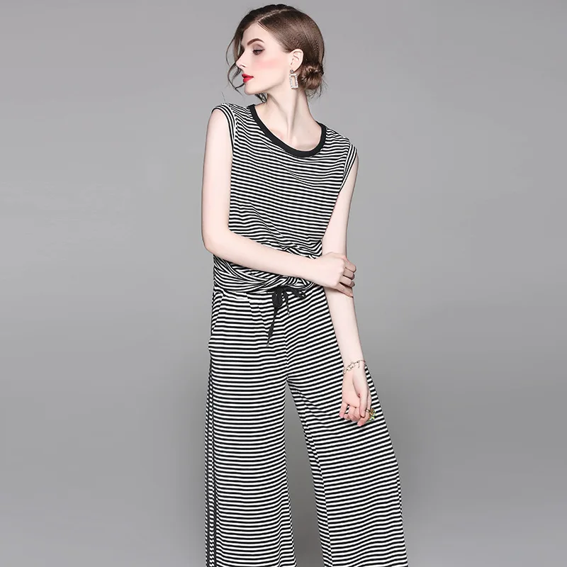 2017 Moda Verão Mulheres de Duas Peças Set Top e Calças Set plus Size Listrado Calças Compridas Casuais Conjunto Terno Ocasional Conjunto Gêmeo