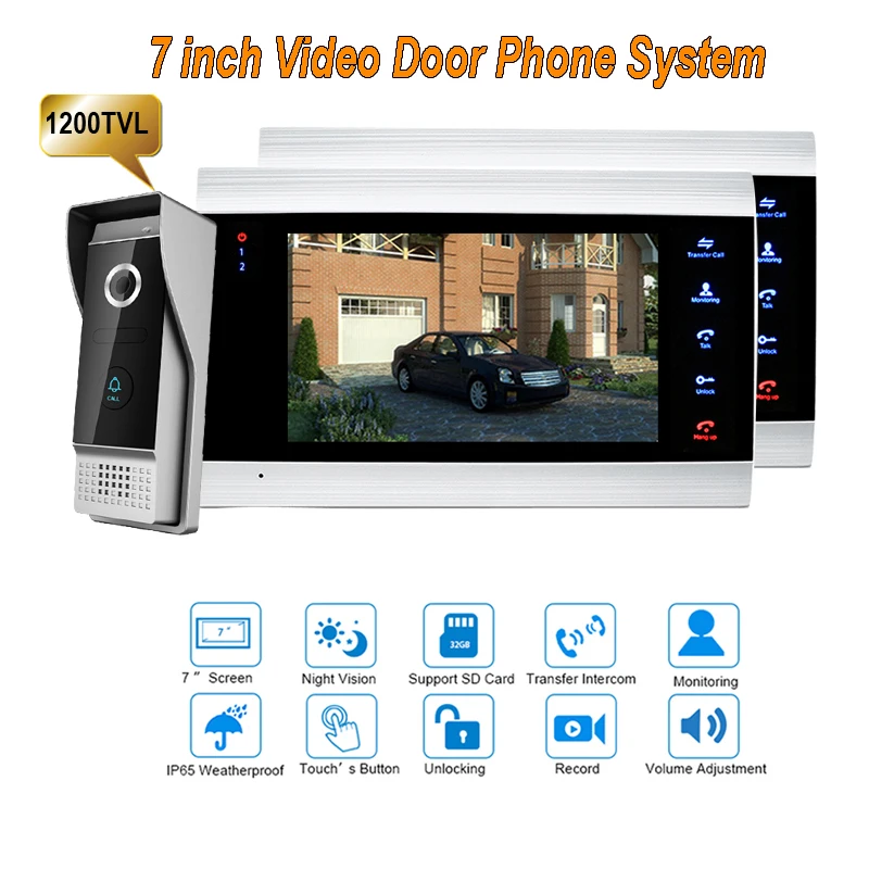 

New 7 inch 1200TVL Video Intercom System Door Phone Doorbell With IP65 wide Angle 110 degree Camera DoorPhone 1V2