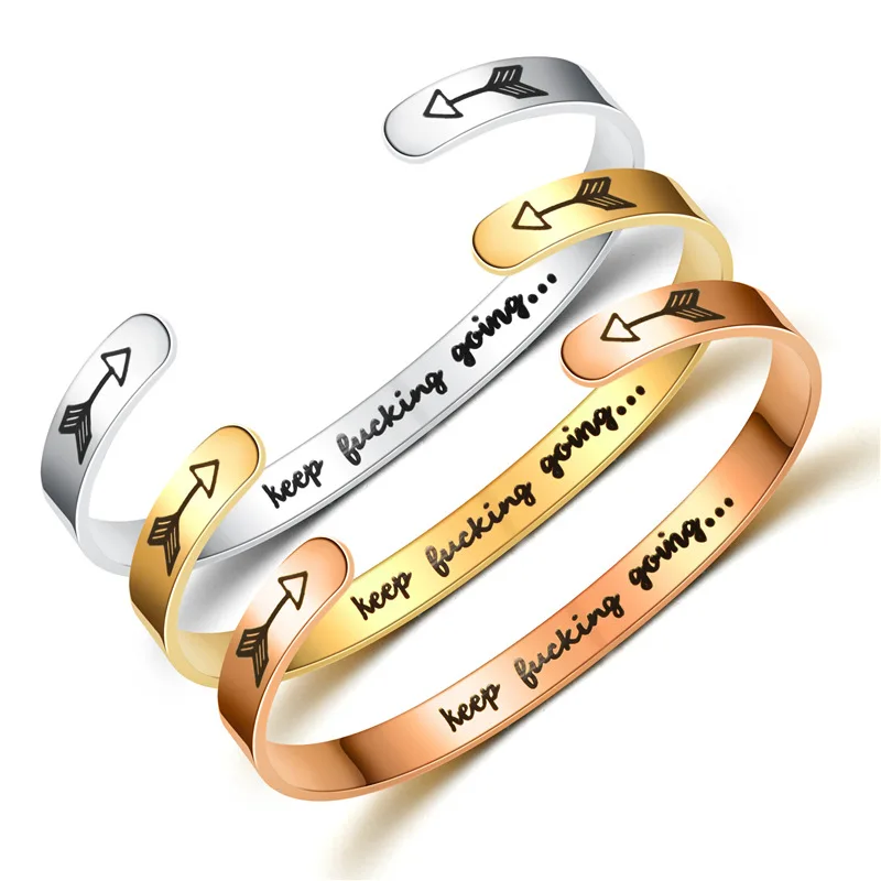 

Inspirational Stainless Steel Bracelets for Women Mantra Quote Keep Going Engraved Personalized Mantra Cuff Bangle Jewelry Gift