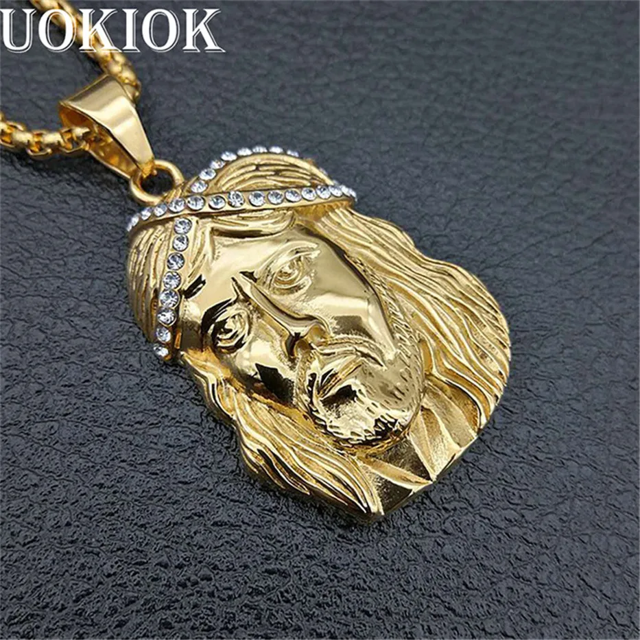 

Hip Hop Men Gold Color Full Rhinestone Jesus Head Necklace Pendant Stainless Steel Iced Out Pendant & Chain Hiphop Jewelry
