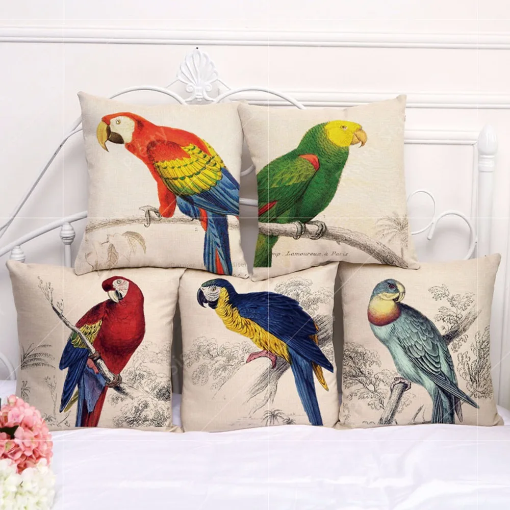 18" Square Cotton Linen Tropical Birds Printed Sofa Decorative Throw Cushion Covers Parrot