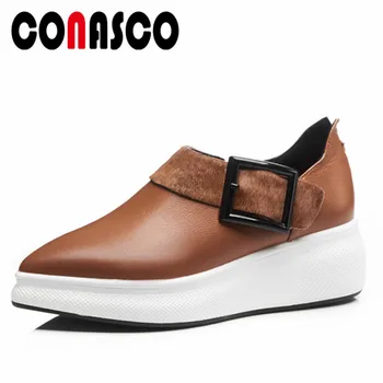 

CONASCO Rome Style Women Flats Platforms Casual Shoes Soft Cow Leather Buckles Basic Flats Shoes Woman Ladies Slip On Flats