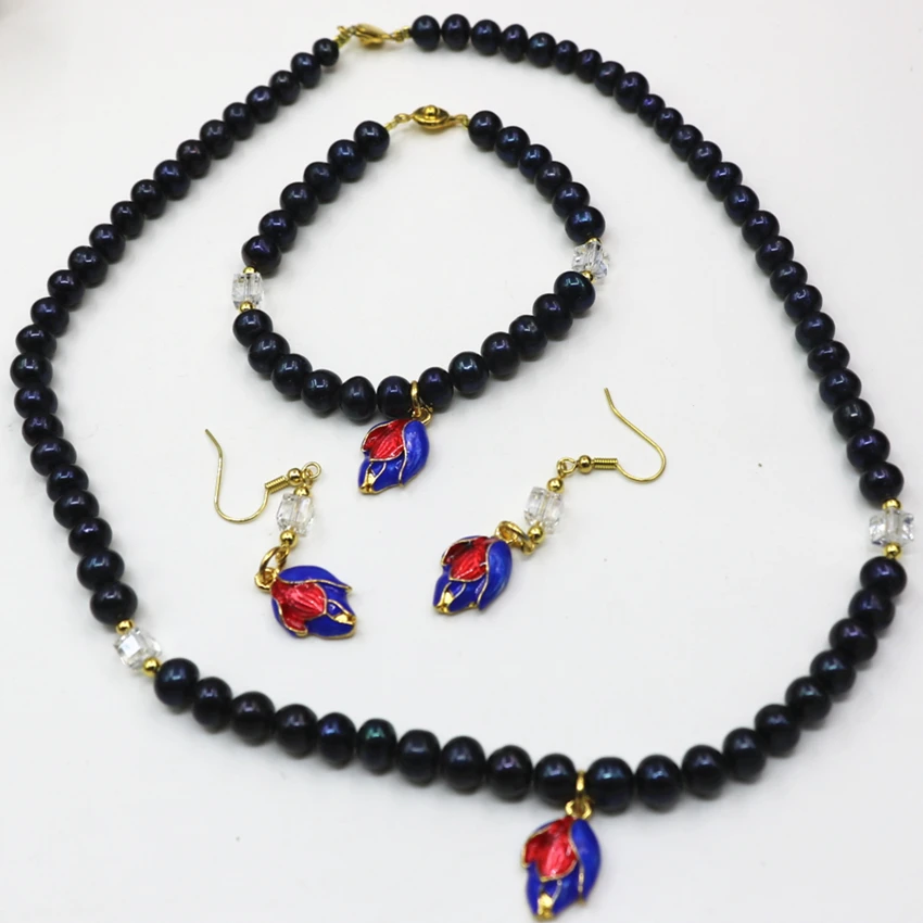 Hot sale charms 7-8mm natural black freshwater cultured pearl beads necklace bracelets earrings free shipping jewelry set B2925