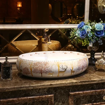 

European Style Ceramic Washbasin Oval Basin American Table deer pattern ceramic Wash Basin bathroom sink