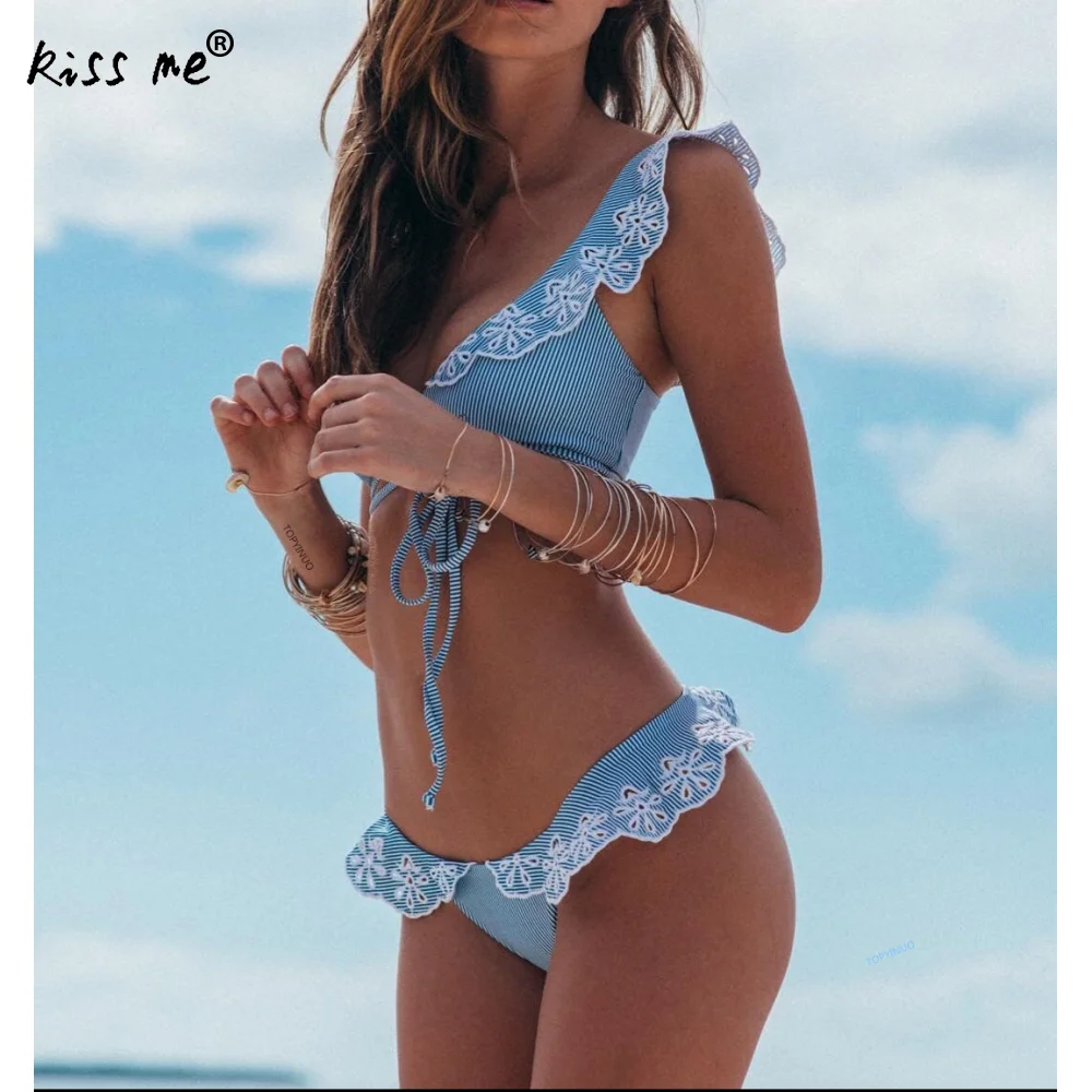 Sexy Tankinis Set Bikini Suit For Girl Two Piece Swimsuit Lace String Tie Blue Bathing Female Wire Free Cute Bra Deep V | Спорт и