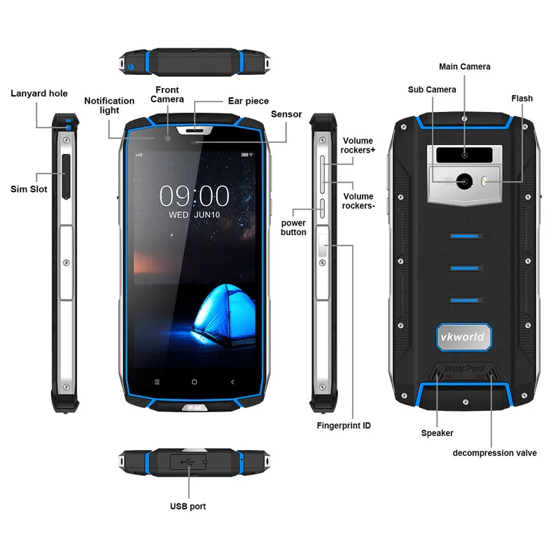 Vkworld VK7000 Face ID IP68 воды Анти ударный смартфон 5 2 ƊGB Оперативная память + 64 Гб