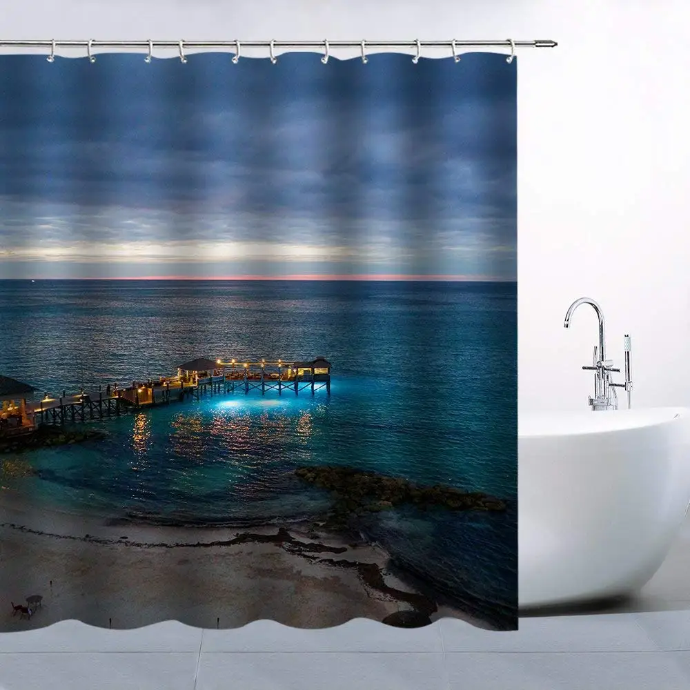 Personality Seascape Theme Shower Curtain Dark Blue Sky Green Sea Grey Beach Seaside House Yellow Light Waterproof | Дом и сад