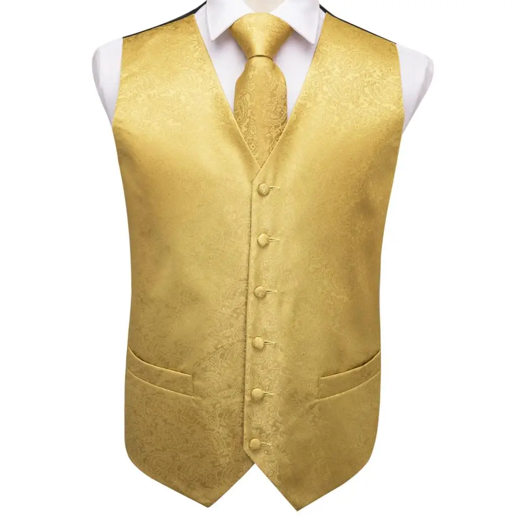 Vest for Men Gold Suit Vest Floral Waistcoat Slim-Fit Tuxedo Paisley Tie Set Cufflinks Gift for Wedding Business Hi-Tie VE-0009