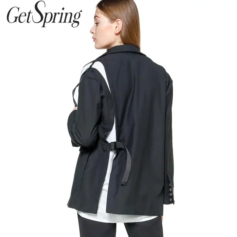 

GETSPRING Women Blazer Irregular Long Coat Retro Black Summer Blazer Long Sleeve Single Breasted Women Jackets Loose Suit Coat