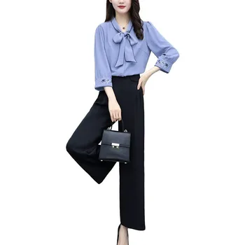 

Women Clothes Elegant 2 Two Piece Set Ladies Shirts Blouse And Wide Leg Pants Suits Ensemble Femme Vintage Slim Tracksuit F129