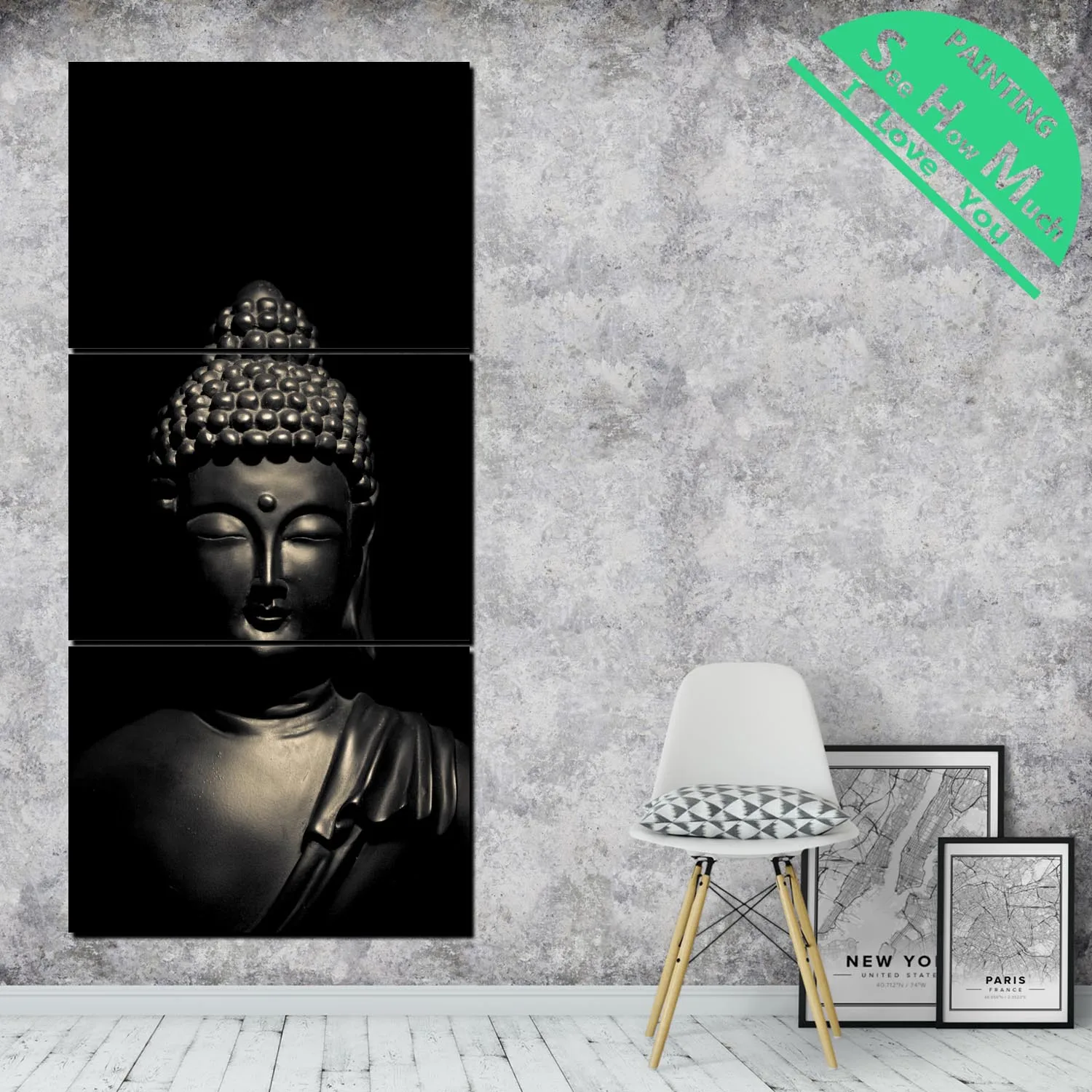 3 Pieces Black Head Buddha Image Wall Pictures HD Printed Canvas