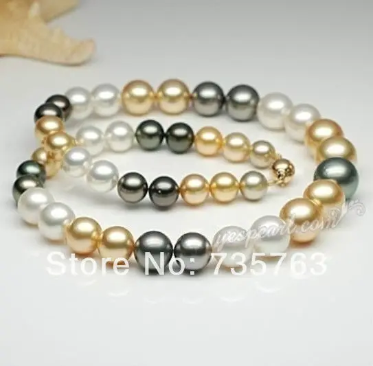 

xiuli 001203 11-12mm SOUTH SEA AA A WHITE BLACK GOLD PEARL NECKLACE 14KGP