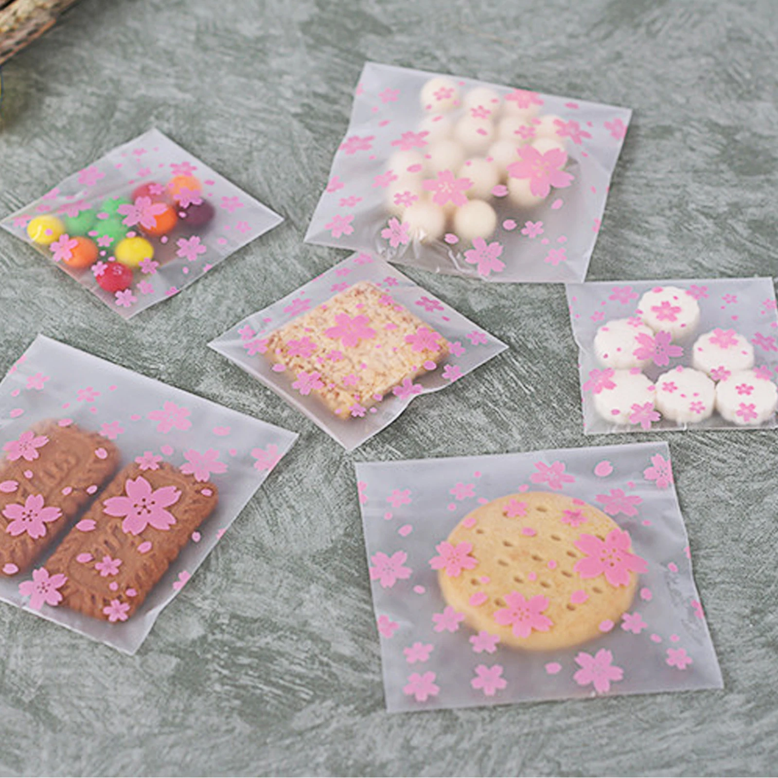 100 шт./лот 4 размера милые розовые вишни печенья и торт выпечки мешок самоклеющиеся пластиковые пакеты для печенья и закусок выпечки посылка