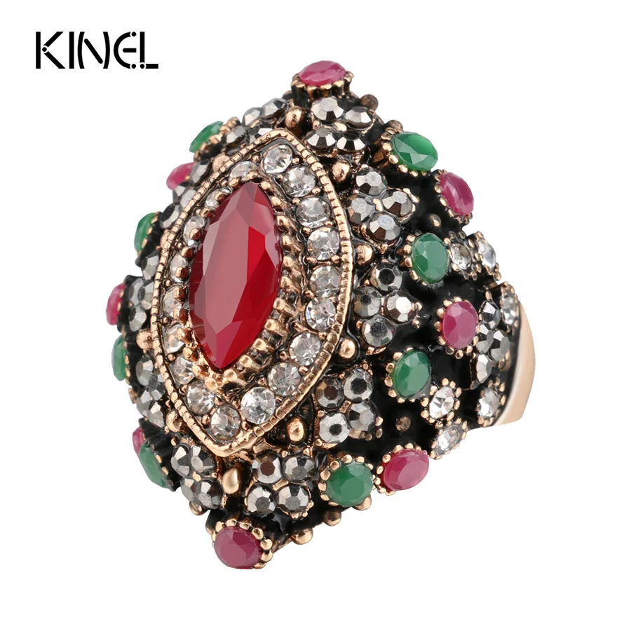 

Hot Luxury Vintage Rings For Women Fashion Cystal Flowers Sculpture Red Resin Turkey Jewelry Color Ancient Gold Finger Ring
