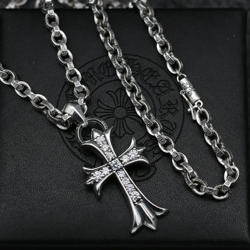 

Punk Influx Jewelry Men And Women Genuine Sterling Silver Necklace Rough Diamond Cross Hair Pendant Sweater Chain