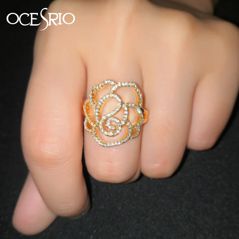 OCESRIO Fashion Rings for Women 2019 CZ Zircon  Luxury Jewellery Womens Gold Rose Ring Flower for Women Jewelry rig rig-h05