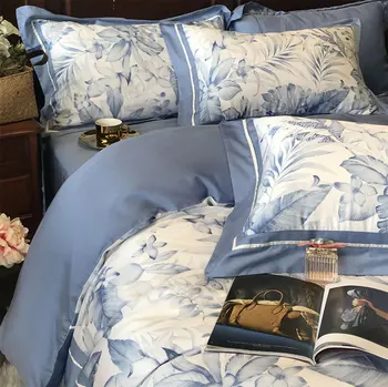 

American country plant bedding set adult,full queen king blue pastoral double home textile flat sheet pillow case duvet cover