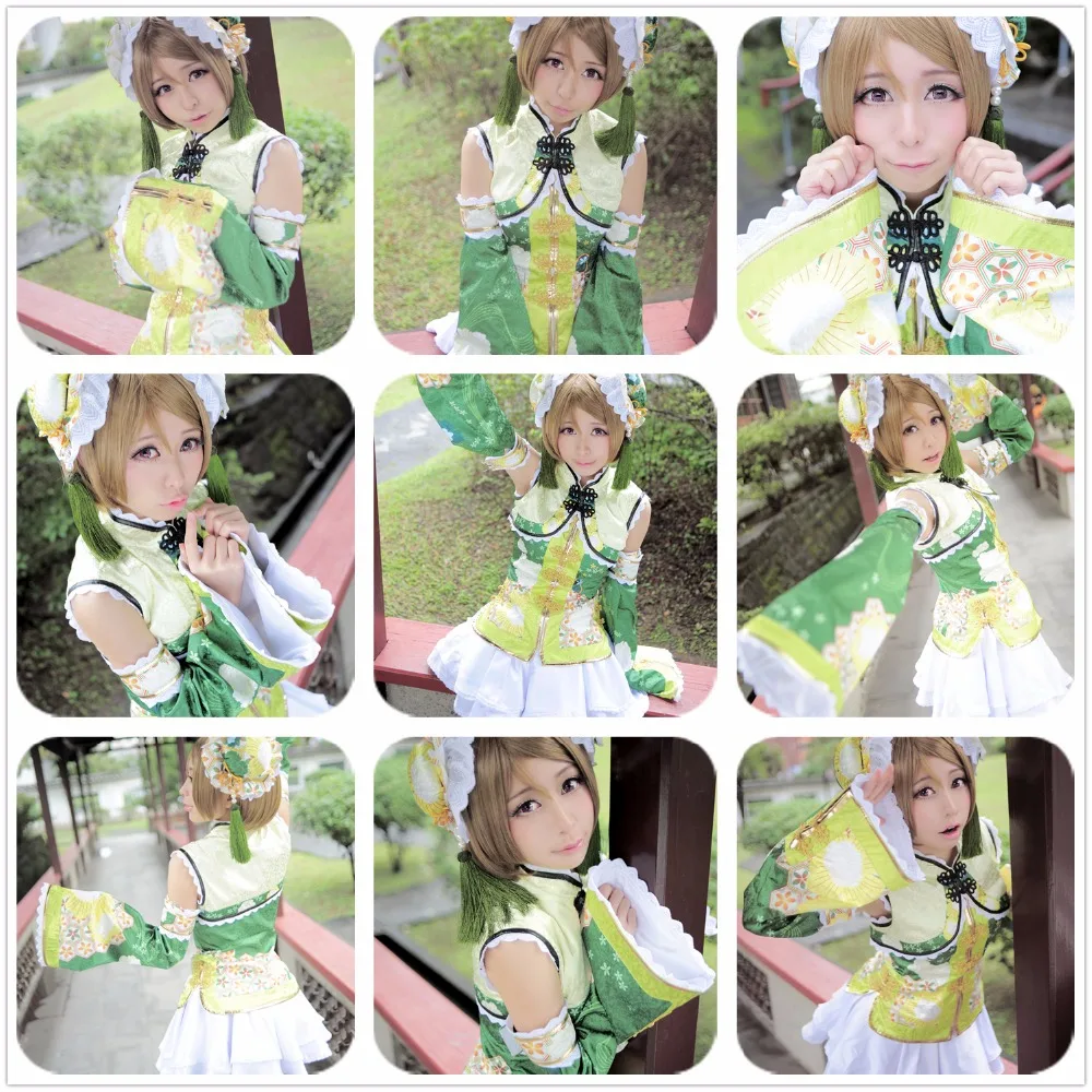 

Love Live 2 Koizumi Hanayo Dancing Stars on Me Chinese Gown Printed Cheongsam Style Cosplay Costume Custom Green Corset Hairpin