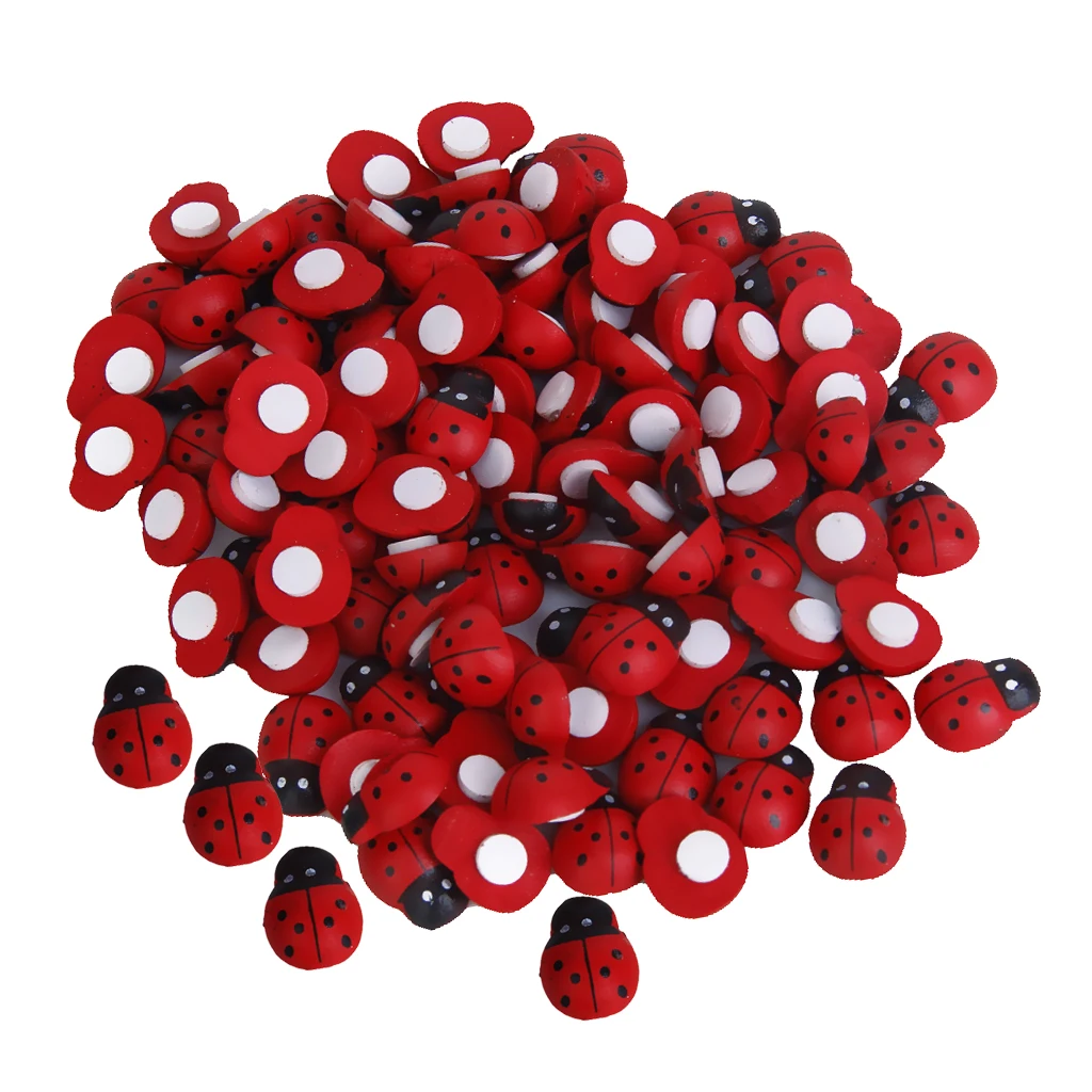 MagiDeal 100 Pcs Wooden Painted Wood Ladybug Stickers Scrapbooking double-sided adhesive in the bottom Kids Party Favor Supply 