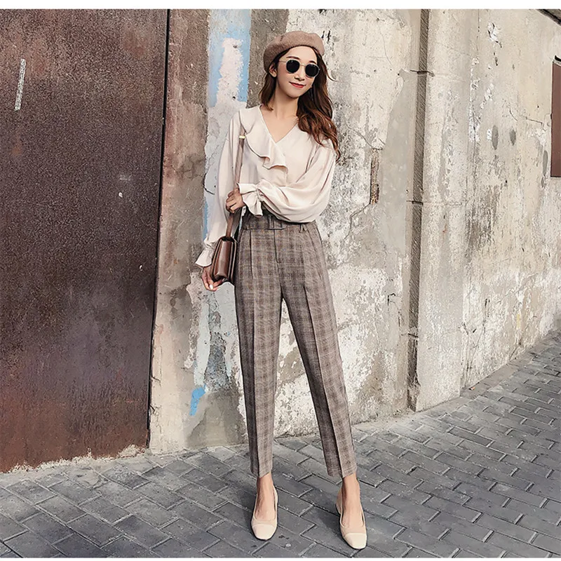 JUJULAND Для женщин брюки Проверено штаны шаровары в офисном стиле High waist ankle длина
