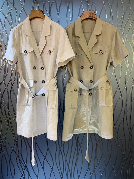 

2019 Summer new women's suit collar double-breasted decorative button-down waist short sleeve dress 706