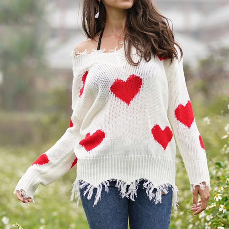 

SFIT Women 2019 Autumn Winter Sweater Fashion High Street White Crochet Heart Pullover Casual Loose Lantern Sleeves Jumpers