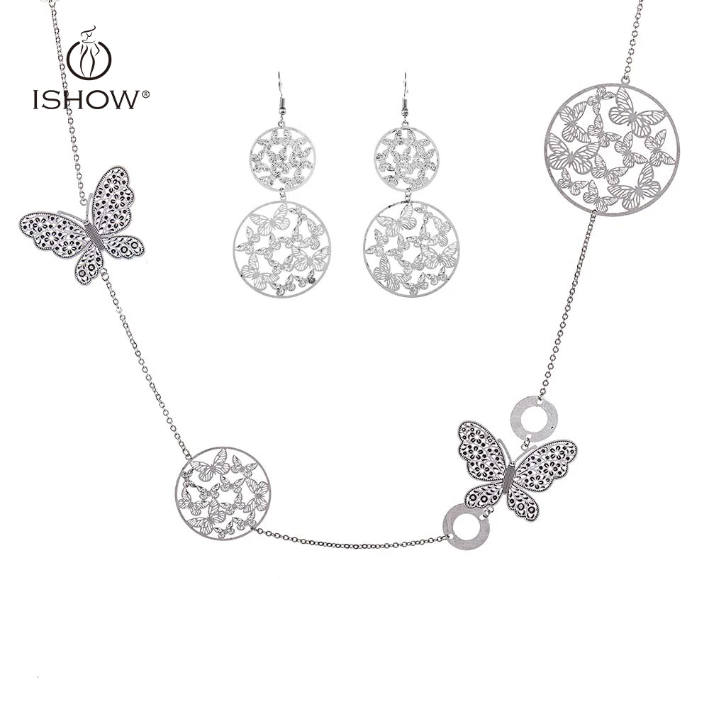 ISHOW Antique Gold Silver Plated Hollow Copper Long Necklace Drop