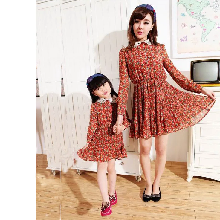 spring loaded parent child Korean chiffon dress and wholesale factory