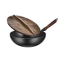 32 см антипригарный китайский стиль для приготовления пищи вок металлический непокрытый бездымный кухонный горшок с деревянной крышкой Железный кухонный инструмент для приготовления пищи