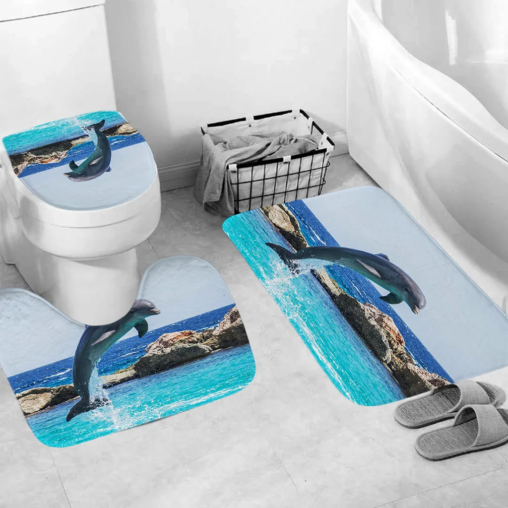 3Pcs Bath Mats Ocean Underwater World Anti Slip Bathroom Mat Set Coral